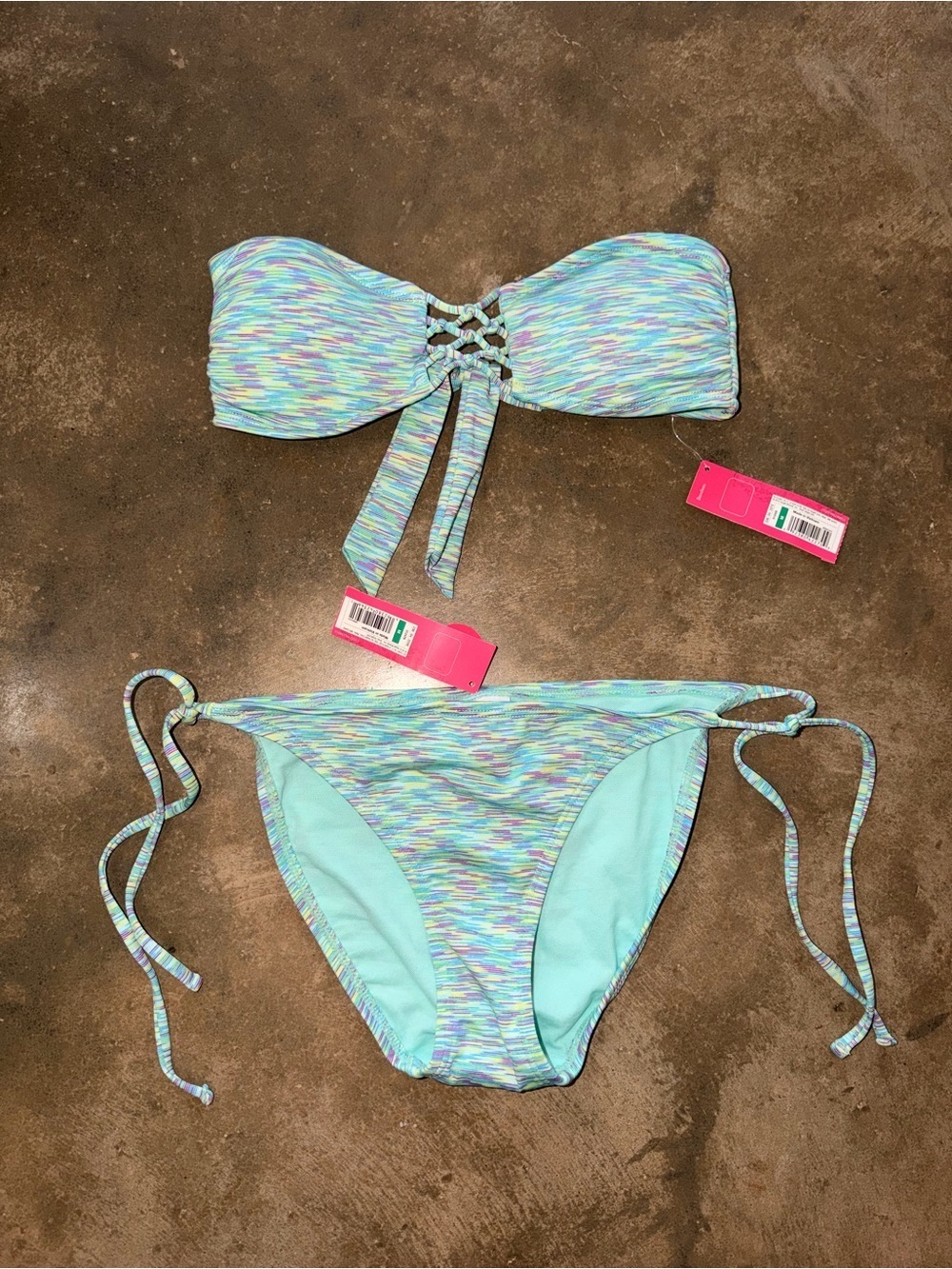 Xhilaration Pastel Multicolor Bandeau Bikini Set Side Tie Swim M (Fit S) NWT